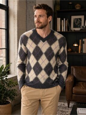 497 Nwt Marni Argyle-pattern V-neck wool-blend jumper Size 54 Color Grey Yellow